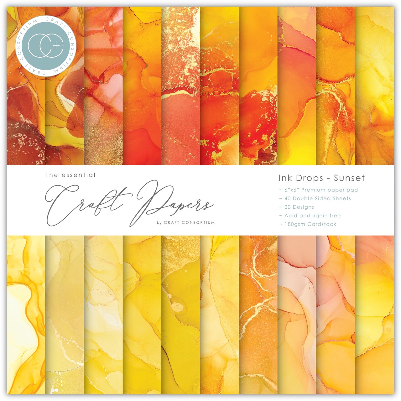 Craft Consortium Double-Sided Paper Pad 6"X6" 40/Pkg-Ink Drops - Sunset, 20 Designs